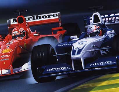 Juan Pablo Montoya makes an impressive overtaking maneuver on M. Schumacher at Interlagos during his first season in F1, 2001. Williams F23 and Ferrari F2001.